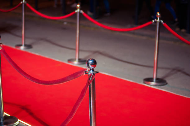 istock Long red carpet between rope barriers on entrance. 1054152066