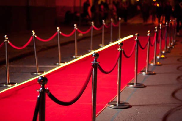 istock Long red carpet between rope barriers on entrance. 1054152120