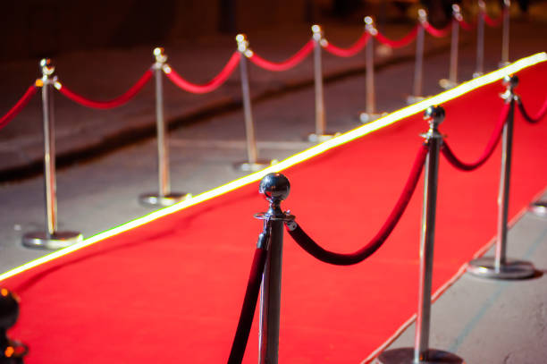 istock Long red carpet between rope barriers on entrance. 1054152154