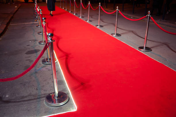 istock Long red carpet between rope barriers on entrance. 1054152294