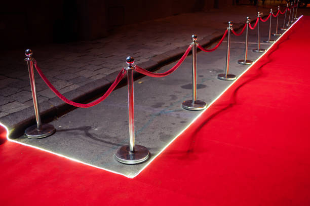 istock Long red carpet between rope barriers on entrance. 1054152320