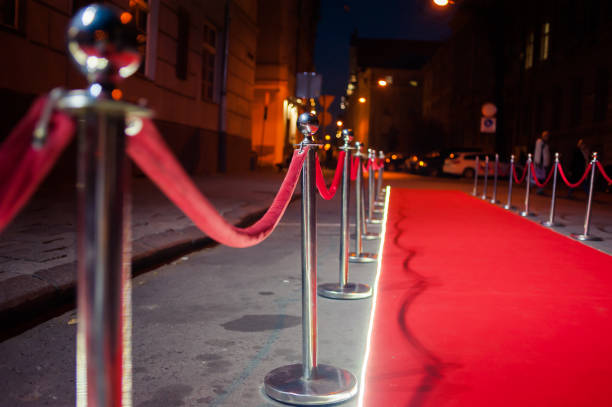 istock Long red carpet between rope barriers on entrance. 1054152354
