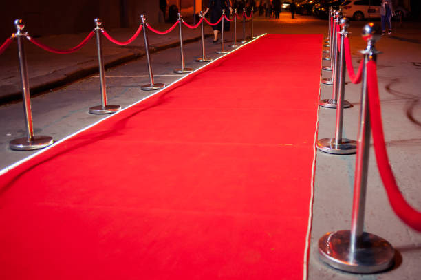 istock Long red carpet between rope barriers on entrance. 1054152364
