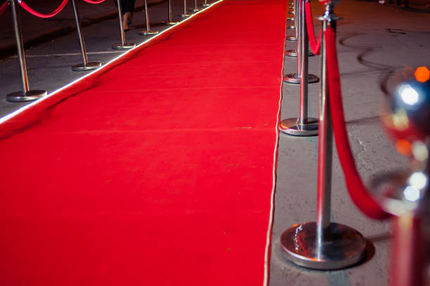 istock Long red carpet between rope barriers on entrance. 1054152378