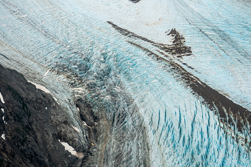 Close up aerial photography view of an unnamed glacier near Seldovia Alaska along the Kachemak Bay in Alaska