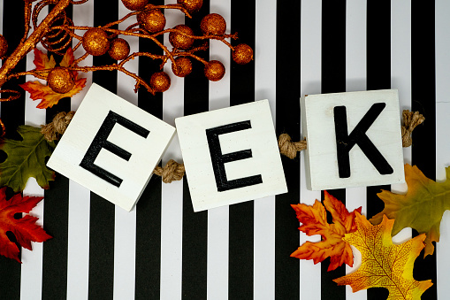 Eek Halloween phrase letters on fun black and white stripe background.  Maple leaves and orange glittery stems for festivity. Useful for Halloween projects and headers