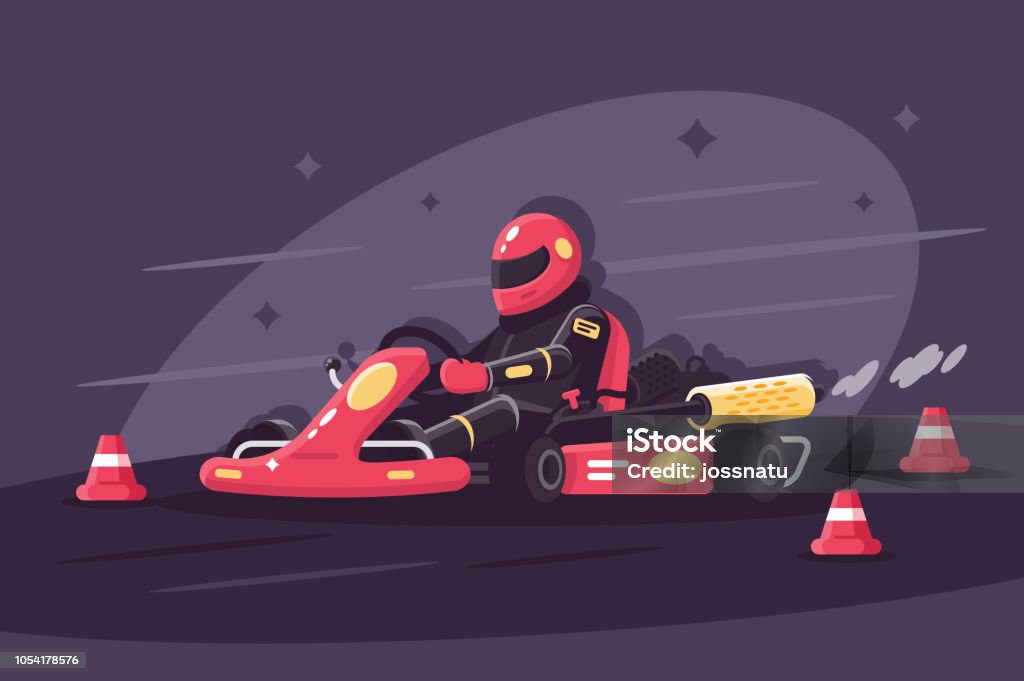 Person in protective suit on race car rides on karting. Person in protective suit on race car rides on karting. Concept man in helmet on races. Vector illustration. Go-cart stock vector