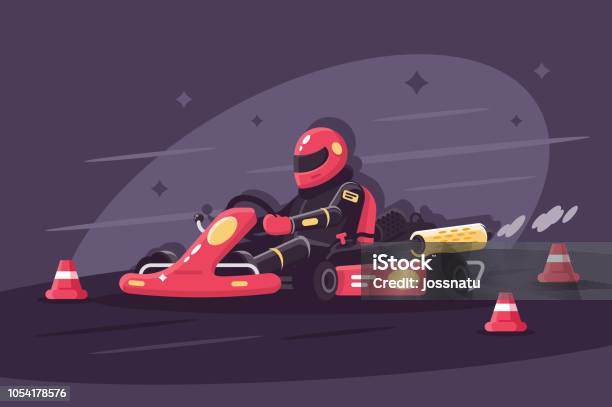 Person In Protective Suit On Race Car Rides On Karting Stock Illustration - Download Image Now