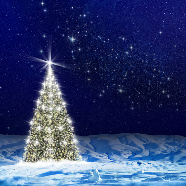 istock Conceptual abstract Christmas tree illustration on snow covered land at night 1054180902