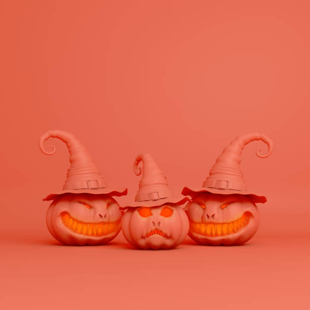 smiling orange pastel pumpkin head jack lantern with witchs hat - witchs imagens e fotografias de stock