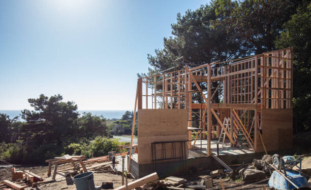 House construction framing in California by pacific ocean House construction framing in California by pacific ocean on sunny day marin county stock pictures, royalty-free photos & images