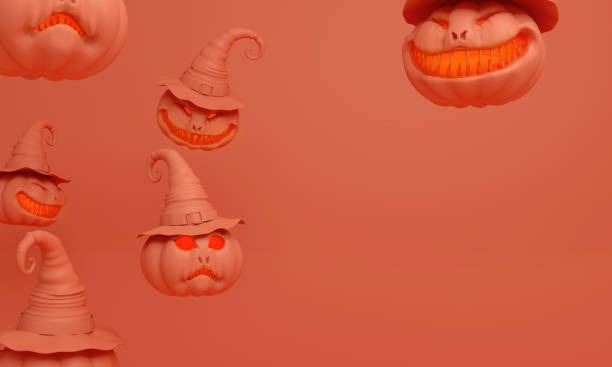 smiling orange pastel pumpkin head jack lantern with witchs hat - witchs imagens e fotografias de stock