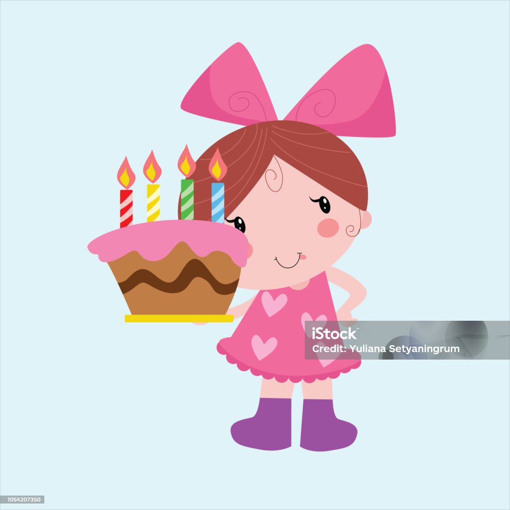 Cute Little Girls With Birthday Cake Cartoon Character Stock Illustration -  Download Image Now - iStock