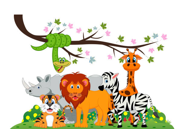 löwen, tiger, zebras, nashörner, schlange und giraffe spielten unter einem ast - tropical rainforest animal cartoon lion stock-grafiken, -clipart, -cartoons und -symbole