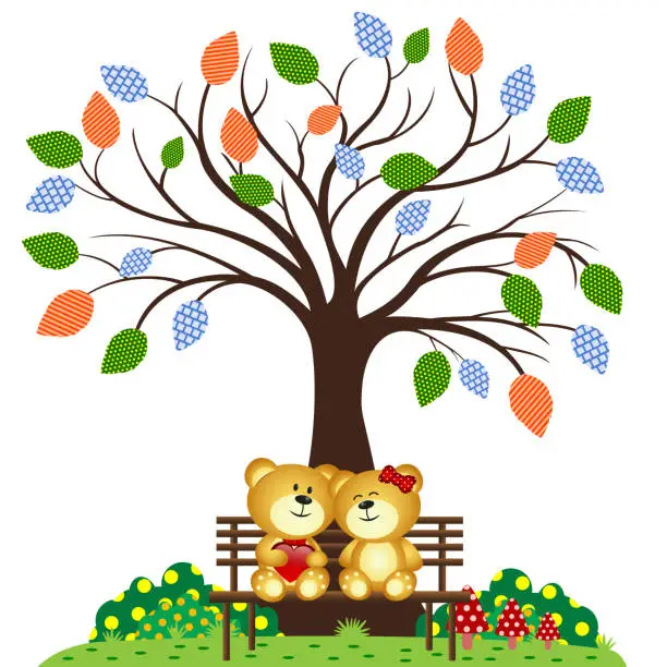 Vector illustration of Bear Couple in love sitting on a bench under a tree at the park