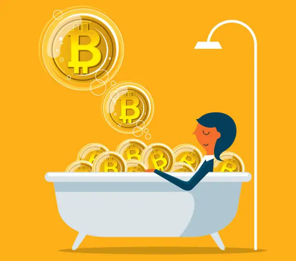 Vector illustration of Businesswoman bathing in Bitcoin