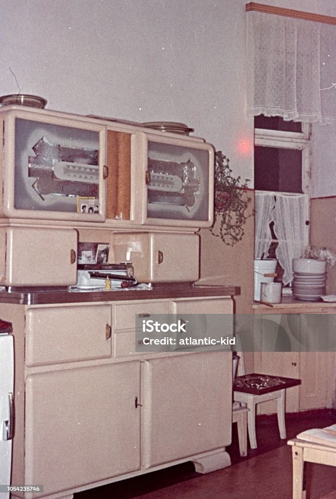 Old kitchen cupboard, Berlin Berlin, Germany, 1958. Old kitchen cabinet in a Berlin kitchen. 1950-1959 Stock Photo