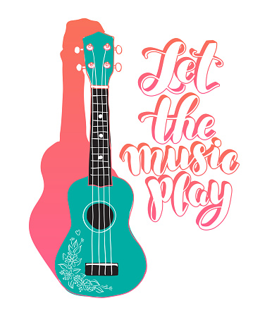 Calligraphic inscription "Let the music play" with ukulele or guitar. Music stamp, logo, poster. Vector design element.