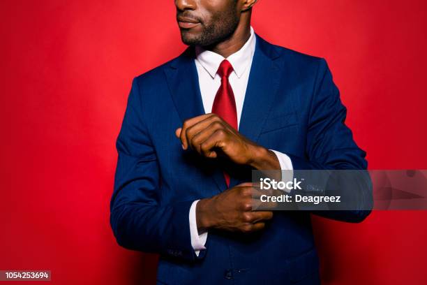 Cropped Close Up Photo Of Sale Manager Entrepreneur Chic Employee Employer Occupation Leadership Gentleman Groomed Man Correct Cufflink Fasten Clasp On Wrist Isolated On Red Bright Background Stock Photo - Download Image Now