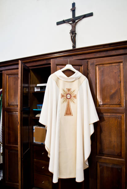 clothing ready for Holy Mass hanging in the sacristy of the priest
