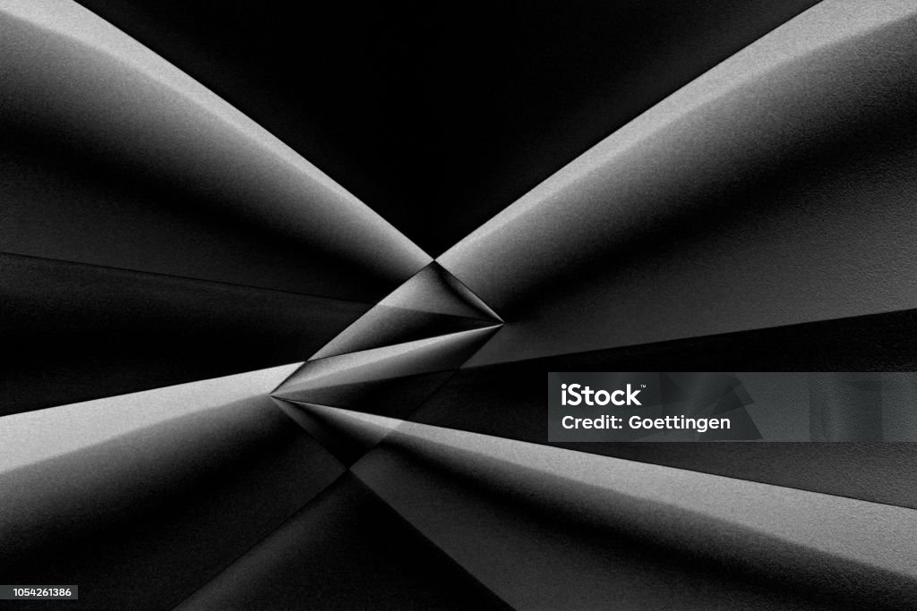 Computer graphic image of girders of minimalist building viewed through refraction prism in darkness. Abstract modern / futuristic architecture in black and white. Digitally rendered architectural fragment / background Black And White Stock Photo