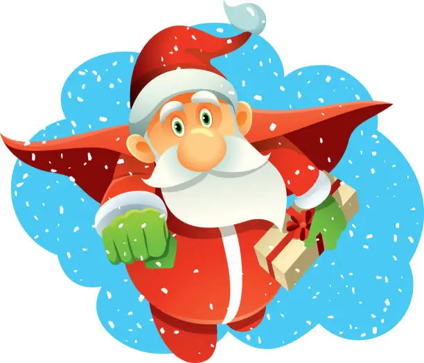 Vector illustration of Superhero Santa Claus Bringing Presents in Winter Holiday