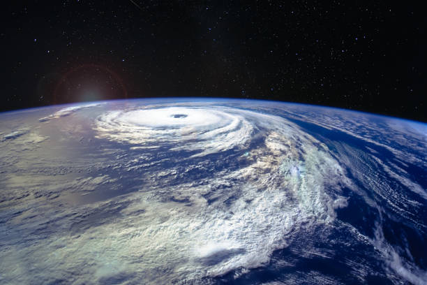 hurricane florence over the atlantics close to the us coast, viewed from the space station. gaping eye of a category 4 hurricane. elements of this image furnished by nasa. - rain tornado overcast storm imagens e fotografias de stock