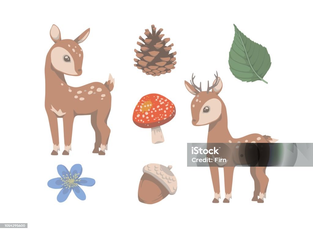 Collection of vector deer and forest illustration isolated clip art suitable for children prints Acorn stock vector