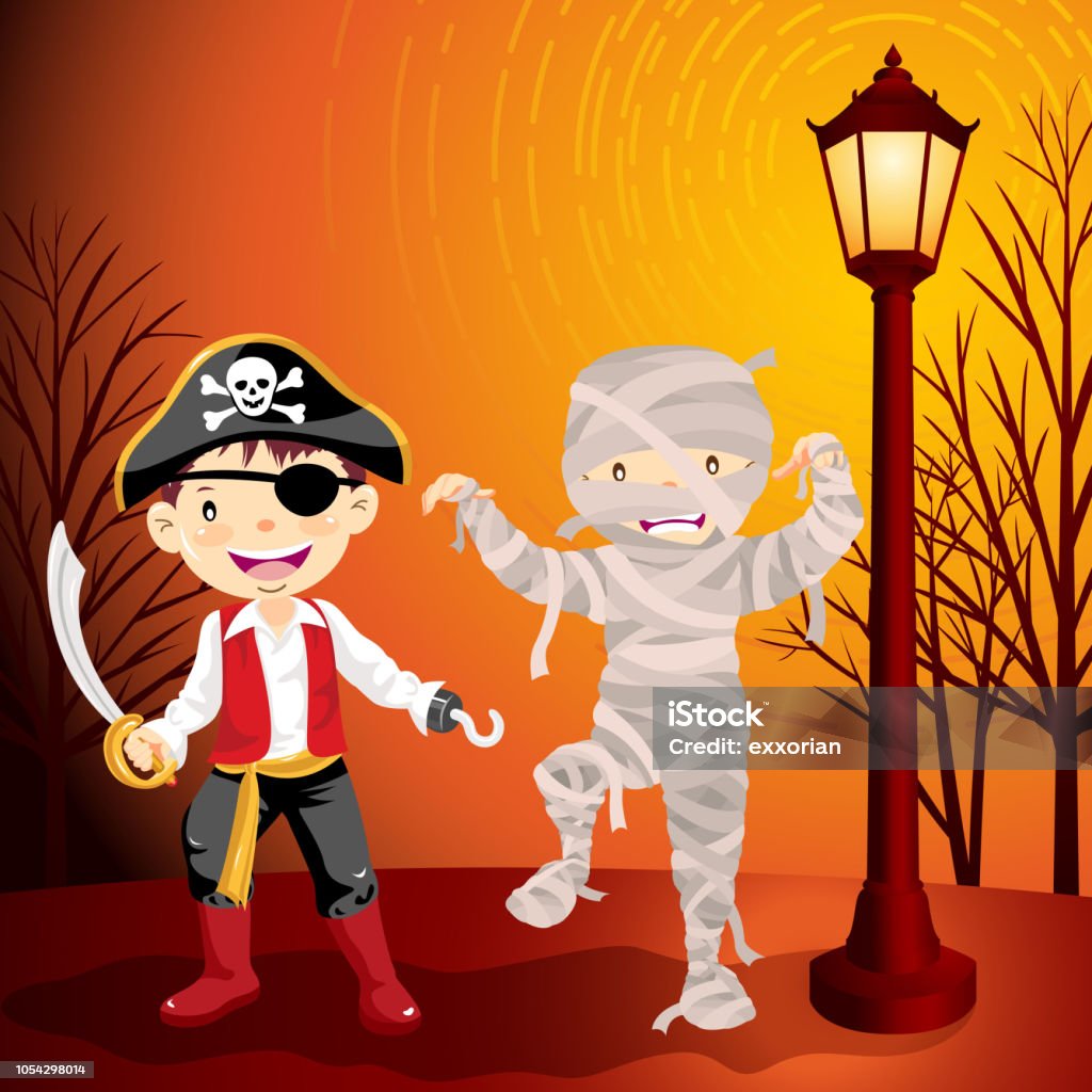 Halloween Mummy and Pirate Costume Kids wearing mummy and pirate costume to go trick or treating. Artificial Limb stock vector