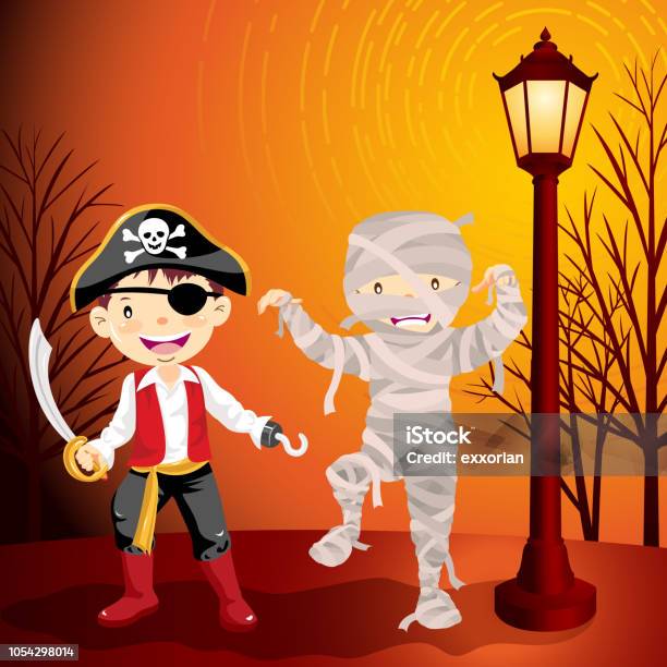 Halloween Mummy And Pirate Costume Stock Illustration - Download Image Now - Artificial Limb, Bandage, Bare Tree