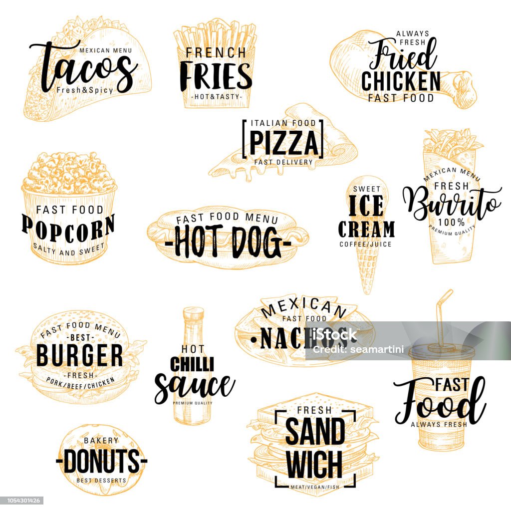 Fast food snacks, burgers and pizza lettering Fast food lettering sketch, fastfood restaurant or cafe signs. Vector calligraphy Mexican tacos, fries and drink, fried chicken leg and popcorn, burrito, hot dog and ice cream, burgers and sandwiches Logo stock vector