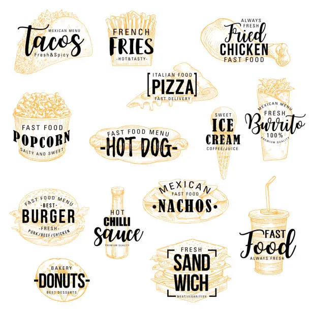 Vector illustration of Fast food snacks, burgers and pizza lettering