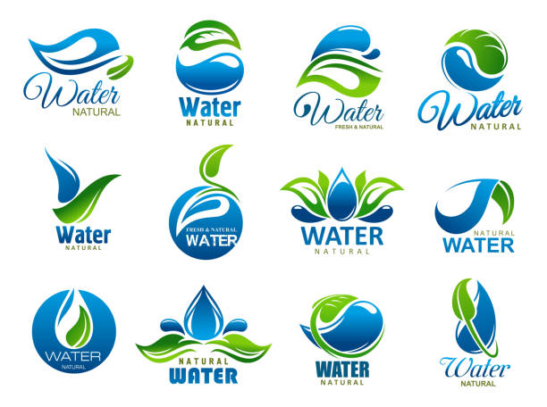 illustrazioni stock, clip art, cartoni animati e icone di tendenza di acqua naturale e minerale, icone vettoriali - leaf environmental conservation green water