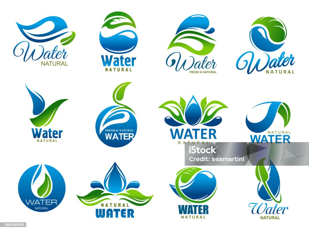 Natural and mineral water, vector icons Water splash or drop and green leaf icons of natural or mineral drinking water. Vector blue waterdrops and nature plant symbols. Environment, bottle package or company identity theme Logo stock vector