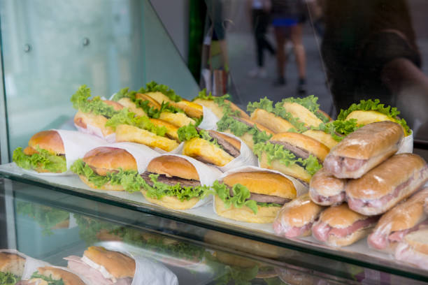 istock hamburgers, sandwiches in the storefront 1054303660