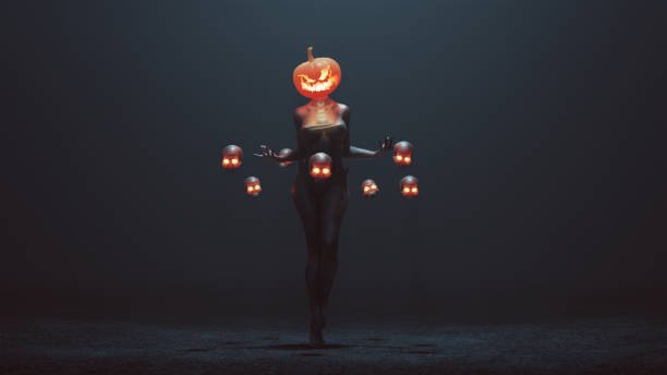 tête de citrouille sexy diable femme au crâne flottant dans un vide brumeux - sensuality halloween witch devil photos et images de collection