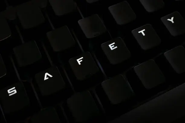 Photo of Safety word on keyboard with rearranged letters, backlit keys