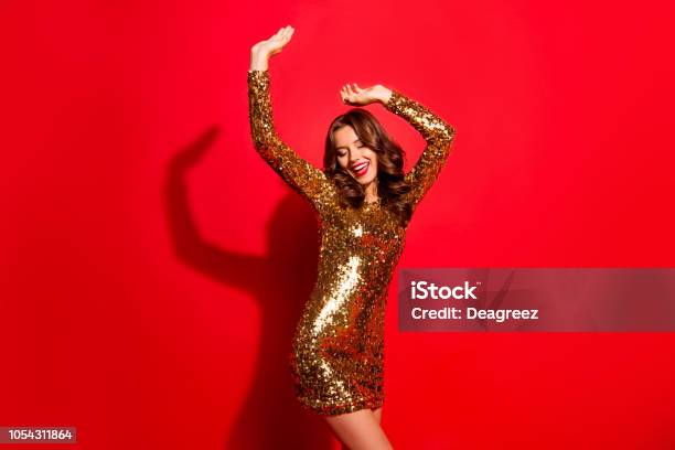 Rest Relax Dream Dreamy Concept Portrait Of Nice Stunning Adorable Goodlooking Charming Lady With Modern Wave Hairdo Raised Hands Up And Close Eyes Isolated On Vivid Red Background Stock Photo - Download Image Now