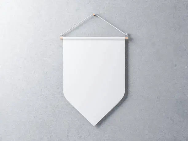 White Pennant hanging on a gray concrete wall, 3d rendering
