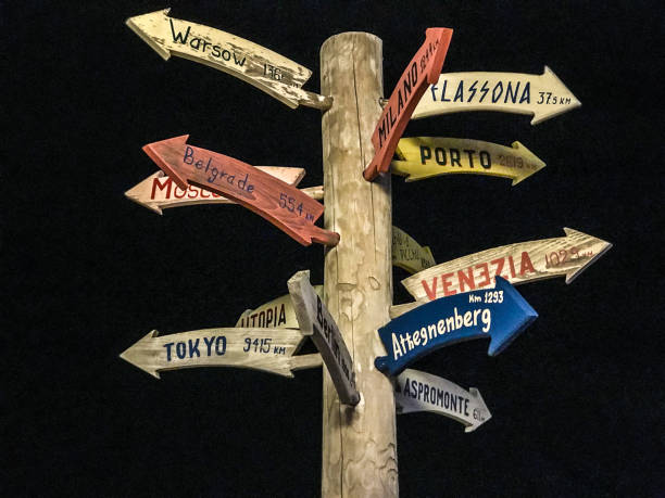 istock Funny colorful signpost to different countries around the world 1054319072