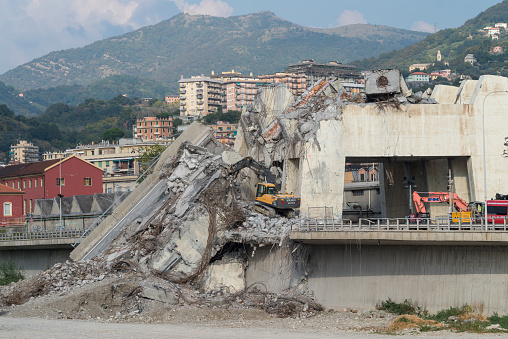 Genoa, Italy - October 9, 2018: Part of the rubble left after the Morandi bridge collapsed On August 14, 2018