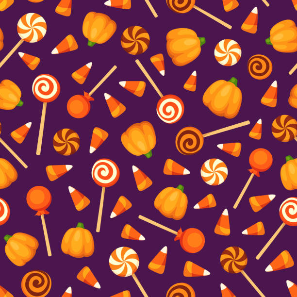 illustrazioni stock, clip art, cartoni animati e icone di tendenza di sfondo senza cuciture con caramelle di halloween su viola. illustrazione vettoriale. - halloween candy immagine