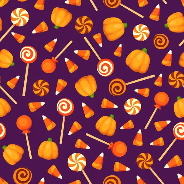 Vector illustration of Seamless background with Halloween candies on purple. Vector illustration.
