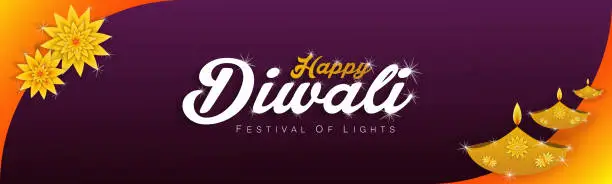 Vector illustration of Diwali festival holiday design with gold and paper cut style of Indian Rangoli. purple color background. Vector illustration.