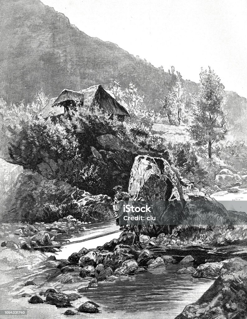 Couple crosses a river via stones Illustration from 19th century 19th Century stock illustration