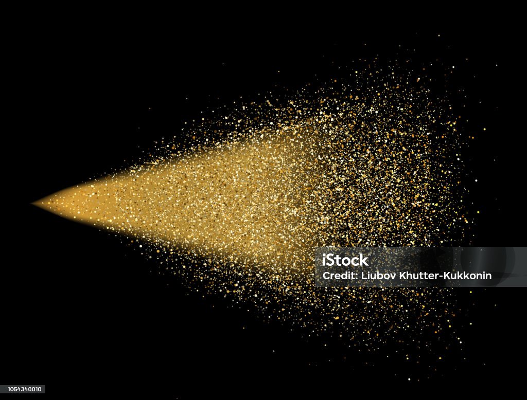 Gold Glitter Spray On Black Background Glowing Drops In Motion