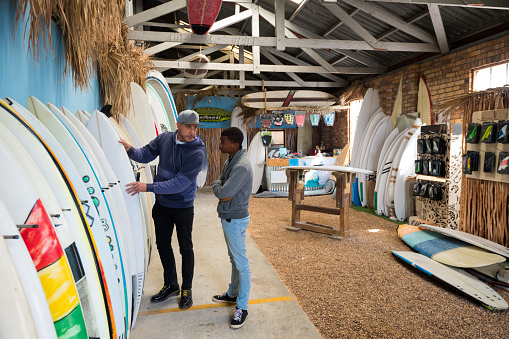 Small business owner doing sales in his surf shop