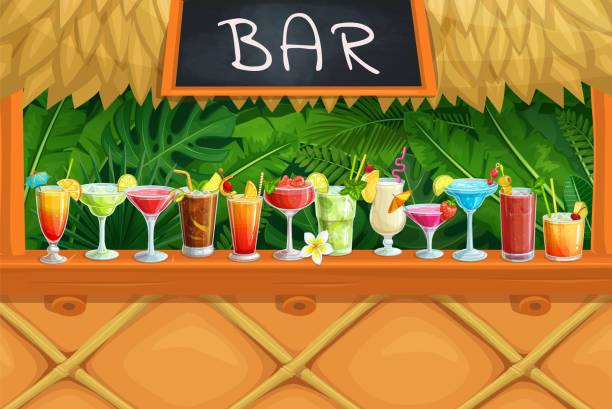 Beach tiki bar, alcoholic cocktails, Beach tiki bar, alcoholic cocktails, vector illustration. Hawaiian party luau. Long island, bloody mary, margarita, mai tai, pina colada, blue lagoon and etc. beach bar stock illustrations