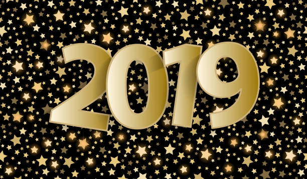 istock Happy New Year 2019 greeting card concept with golden paper cuted white numbers. Vector illustration 1054370978