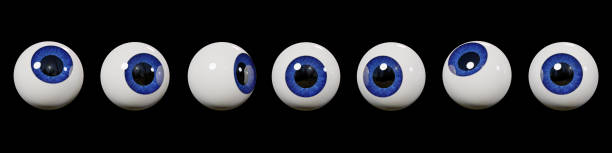 many realistic human eyes with blue iris, isolated on black background (3d illustration banner) row of googly eyes isolated on black ground german iris stock pictures, royalty-free photos & images